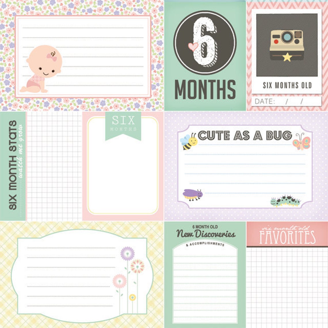 6 Months Old Baby Girl Journal Cards. Digital Scrapbooking. Etsy