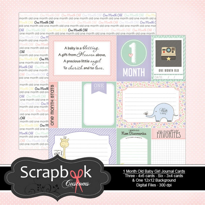 1 Month Old Baby Girl Journal Cards. Digital Scrapbooking. Etsy