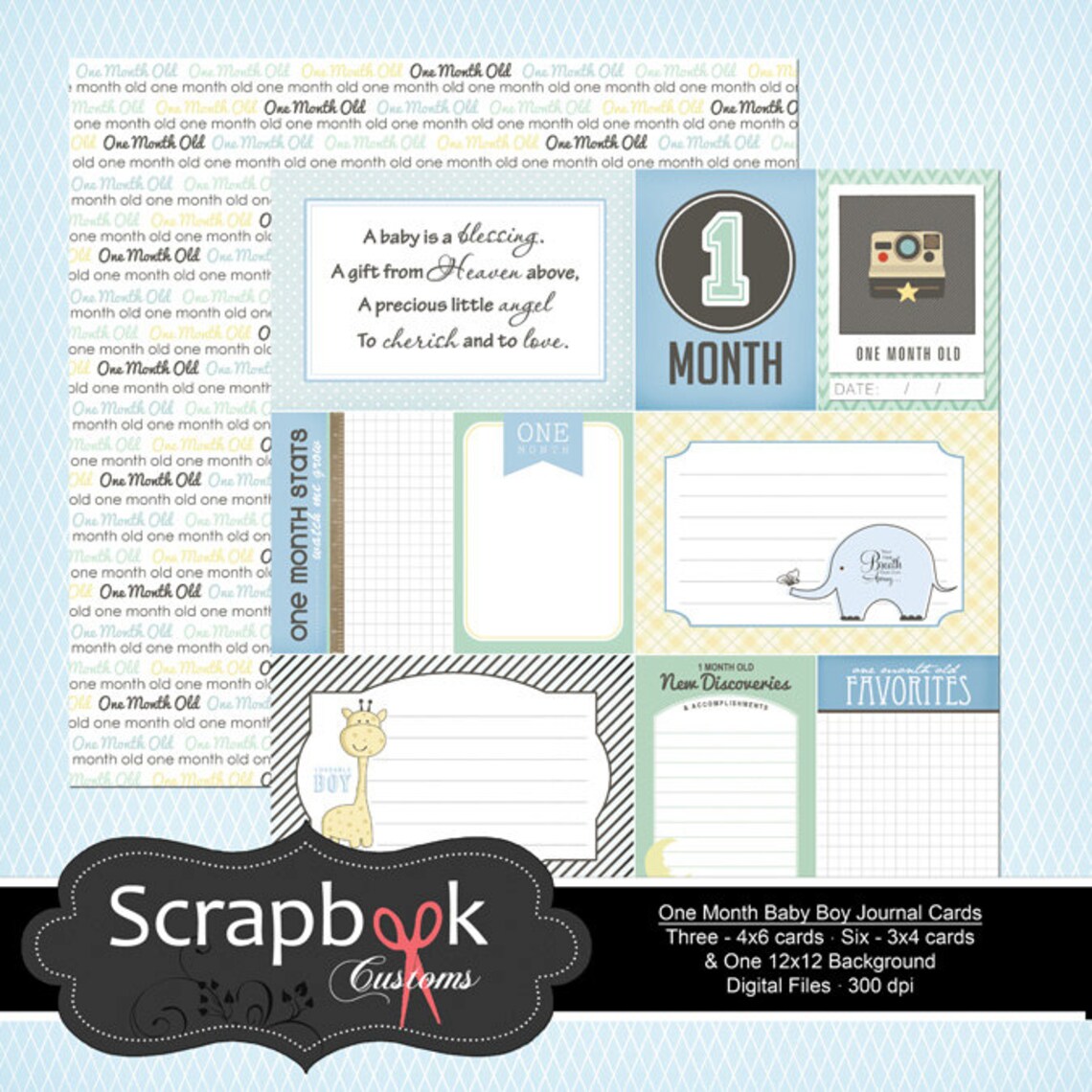 1 Month Old Journal Cards. Baby Boy Digital Scrapbooking. Project Life ...