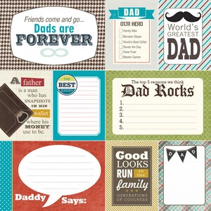 Puede incluir: Un paquete de papel de scrapbooking imprimible con tem&aacute;tica del D&iacute;a del Padre. El papel presenta una variedad de patrones y colores, incluyendo azul, verde, rojo y blanco. El papel incluye texto como "Los pap&aacute;s son para siempre", "El mejor pap&aacute;", "Pap&aacute; Rocks" y "Las buenas apariencias corren en la familia".