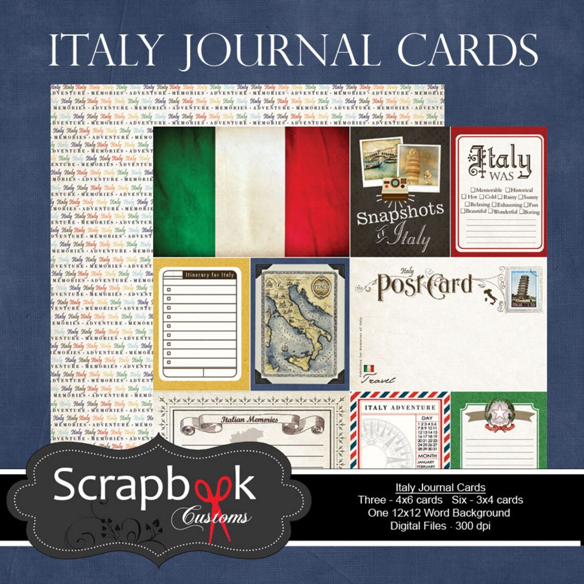 Italy Journal Cards. Digital Scrapbooking. Project Life. Etsy