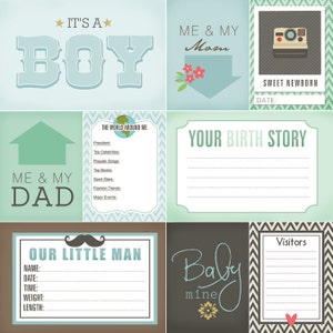 May include: A collection of baby-themed cards with various designs and text. The cards feature phrases like "It's a Boy," "Me & My Mom," and "Our Little Man." The color palette includes shades of blue, green, and brown, with decorative elements.