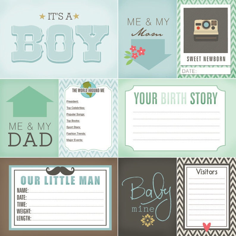 May include: A collection of baby-themed cards with various designs and text. The cards feature phrases like "It's a Boy," "Me & My Mom," and "Our Little Man." The color palette includes shades of blue, green, and brown, with decorative elements.