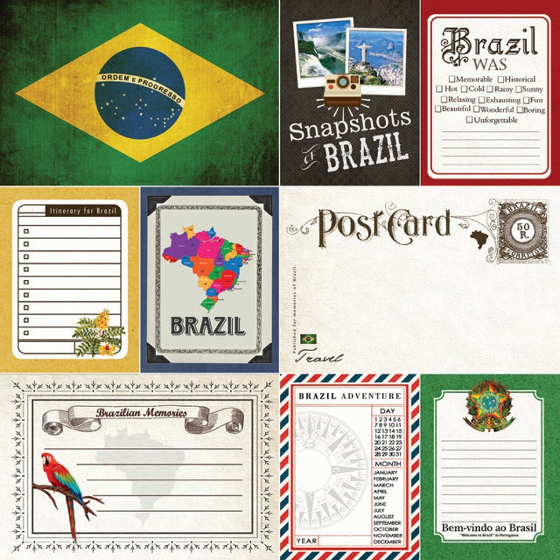 Brazil Journal Cards. Digital Scrapbooking. Project Life. Etsy