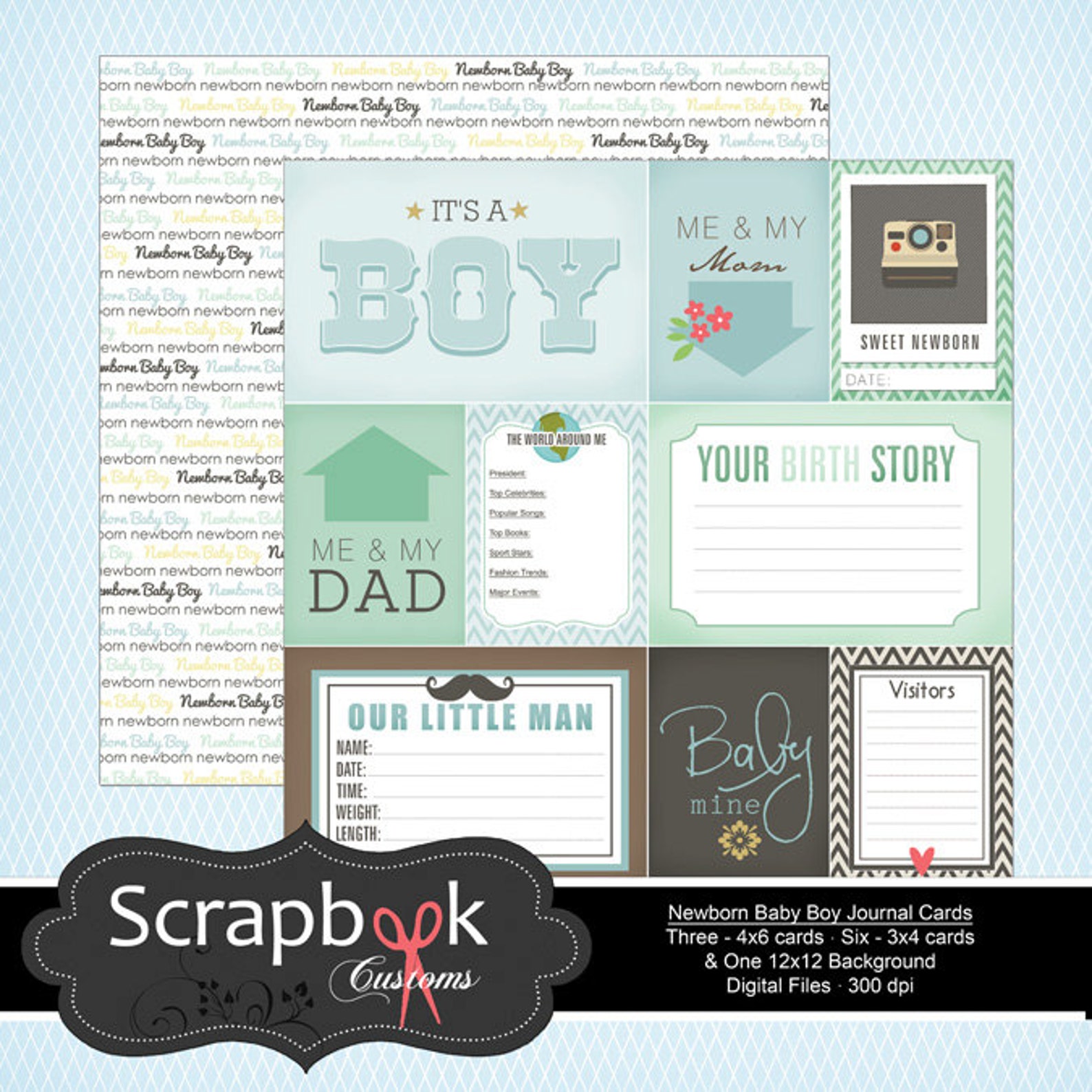 Newborn Journal Cards. Baby Boy Digital Scrapbooking. Project Etsy