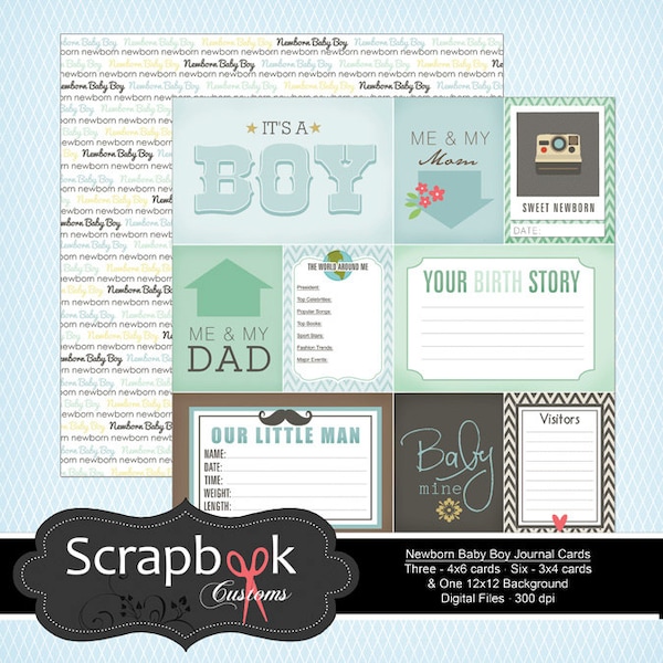 Newborn Journal Cards. Baby Boy Digital Scrapbooking. Project Life. Instant Download.