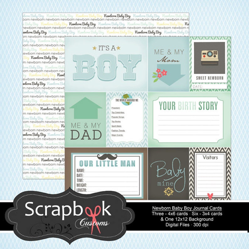 May include: A digital scrapbook kit for a newborn baby boy, featuring journal cards with various designs. The cards include phrases like "It's a Boy," "Me & My Mom," and "Our Little Man." The kit also includes a 12x12 background.