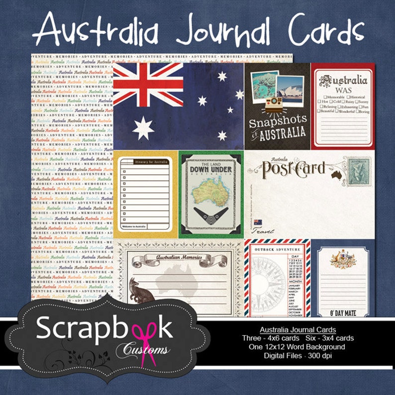 Australia Journal Cards. Digital Scrapbooking. Project Life. Etsy