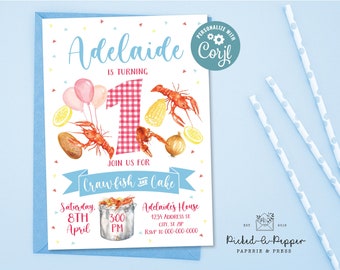 Custom Crawfish and cake birthday invitation, Crawfish boil birthday, turning one crawfish, editable crawfish birthday, low boil birthday