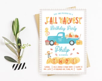 Fall Harvest Celebration Invitation, Blue Truck, Pumpkin Patch, Fall Invitation, Autumn Party Invitation Printable, Fall Harvest Birthday