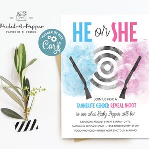 May include: A gender reveal invitation with the text "He or She" in blue and pink. The invitation includes two shotguns, a target, and the text "Tannerite Gender Reveal Shoot". The invitation is decorated with watercolor-style splashes.