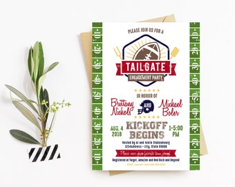 May include: A green and white football field-themed engagement party invitation with a red, white, and blue football graphic. The invitation reads "Please join us for a Tailgate Engagement Party" in honor of Brittany Nichols and Michael Boler. The date is August 4, 2018, and the time is 1:00-5:00 PM. The invitation also includes the RSVP information.
