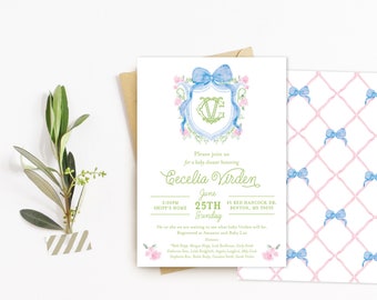 Printable Monogram Floral Crest Baby Shower Invitation Baby Girl Shower, Watercolor, Grandmillenial, preppy gender neutral, blue pink shower