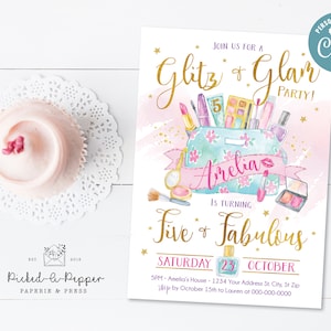 Redigerbar spa-födelsedagsfest, glitter- och glamourfest, fem och fantastiska, fantastiska och fem, spa-fest, glamourfest, glamourflicka-inbjudan