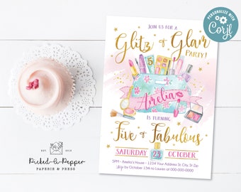 Editable spa birthday party, glitz and glam party,five and fabulous, fabulous & five, spa party, glamour party, glamour girl invitation