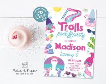 Trolls Poppy Pool Party Invitation, Trolls Birthday Invitation, Printable Trolls Birthday Invitation, Digital Trolls Party Editable Template