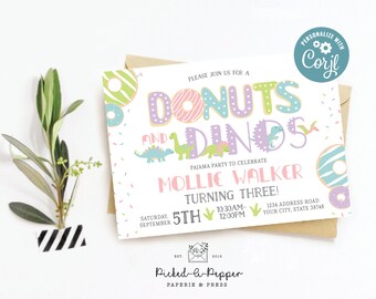May include: A pink and blue invitation for a donut and dinosaur themed pajama party for a child turning three. The invitation says "Please join us for a Donuts and Dinos Pajama Party to Celebrate Mollie Walker Turning Three!" with the date and time of the party.
