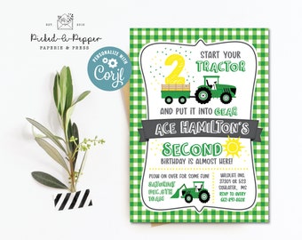 Editable Tractor Birthday Invitation, Tractor Invitation, 5x7 Editable Corjl template, John Deere Birthday, Our little farmer, plow and play