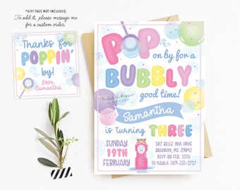 Bubble Party Birthday Invitation Girl Bubble Birthday Party Pop on by for a bubble good time, Garden Party summer party, watercolor bubbles