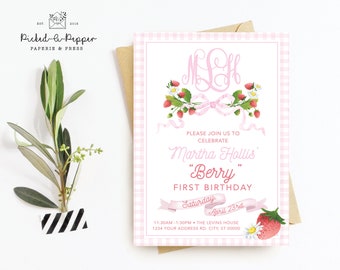 Berry First Birthday Invitation - First Birthday Invitation - Strawberry Birthday Invite - Watercolor Strawberry Invitation - Strawberry