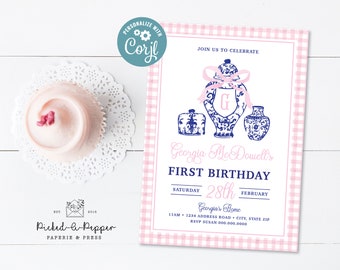 Custom chinoiserie girls birthday, pink gingham, chinoiserie ginger jar, chinoiserie monogram, Blue Chinoiserie