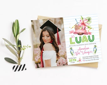 Graduation Luau Party Invitation, Tropical Graduation Party invite, Girls Palm Luau,flamingo party, tropical graduation invitaiton, hawaii