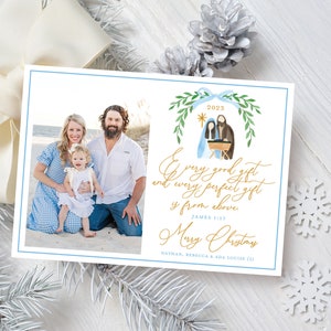 Tarjeta de Navidad de la Natividad, Natividad en acuarela, Tarjeta de la Natividad con foto, Tarjeta de Navidad grandmillennial, Tarjeta de Navidad bíblica, Tarjeta azul dorada