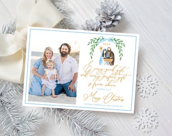 Nativity Christmas Card, Watercolor Nativity, Photo nativity card, grandmillennial christmas card, biblical christmas card, blue gold card