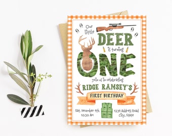 onedeerful, one-deer-ful, buck invitation, deer birthday, hunter birthday, hunting invitation, hunt, deer hunting, little boys birthday