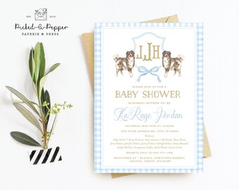 Jongen babydouche, grote duizendjarige babydouche, blauwe gingham, blauwe ruit, lieve babyjongen douche, oh baby, baby crest, hond crest, babyjongen