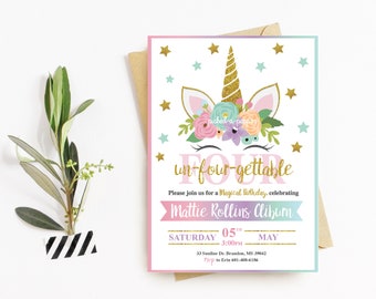 UnForgettable birthday / Unicorn Birthday Invitation / Glitter Unicorn Invitation / Floral Unicorn / Magical Unicorn / Digital File