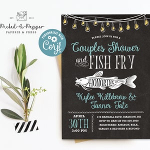 May include: A couples shower and fish fry invitation on a black chalkboard background. The invitation includes the text "Couples Shower and Fish Fry" and the names Kylee Killebrew & Tanner Tate. The invitation is decorated with string lights.
