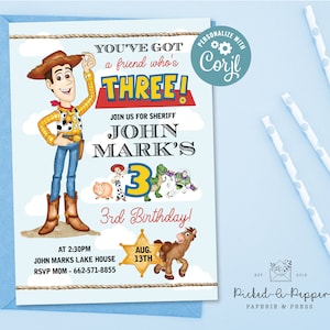 You&#39;ve got a friend who&#39;s three, editable toy story invitation, woody, sheriff woody, toy story party, you got a friend in me,