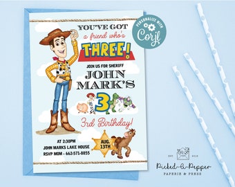 You&#39;ve got a friend who&#39;s three, editable toy story invitation, woody, sheriff woody, toy story party, you got a friend in me,