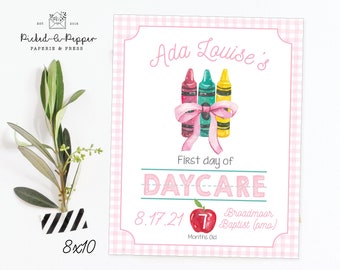 Pink Gingham Back to School Sign Watercolor Apple First Day of School Sign Crayons pink bow, girl school