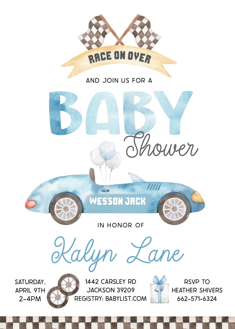 K&ouml;nnte beinhalten: Aquarell-Babyparty-Einladung mit blauem Rennwagen, Zielflaggen und dem Text "Race on Over". Die Einladung enth&auml;lt den Namen "Kalyn Lane" und Veranstaltungsdetails.