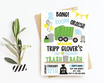 Bang boom crash, trash bash birthday invitation, dump everything birthday, trash bash invite, garbage truck invitation, trash truck birthday