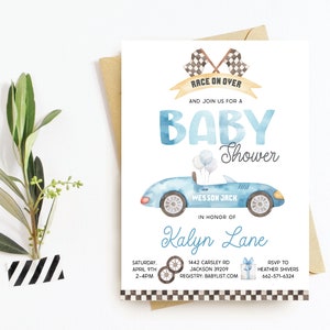 Blaue Rennauto-Baby-Duscheeinladung, Vintage Rennauto-Babypartyeinladung, Rennen über für eine Babyparty, digitaler Download