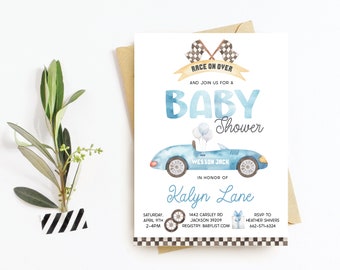Blue race car baby boy shower invitation, Vintage race car baby shower invitation, Race on over for a baby shower, Digital download