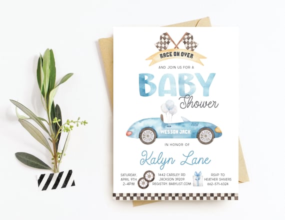 Blue race car baby boy shower invitation, Vintage race car baby shower invitation, Race on over for a baby shower, Digital download