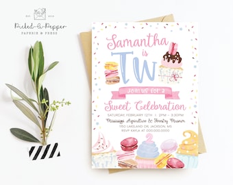 two sweet birthday invitation, sweet birthday, girls birthday invitation, sweet 2nd, sweet second birthday, cupcake invitation,  Macaron