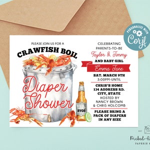 Peut inclure: Une carte d'invitation blanche avec du texte rouge et noir annonçant une fête prénatale de type "crawfish boil" pour Emma Jane. L'invitation comprend la date, l'heure, le lieu et les hôtes. L'image présente une illustration aquarelle d'une marmite de crawfish boil avec des écrevisses, du maïs et des pommes de terre.