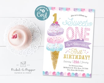 Sweet One Ice Cream Birthday Invitation - Ice Cream and Sprinkles Party - Turning 1 Celebration - Sweet one party theme - Pastel ice cream