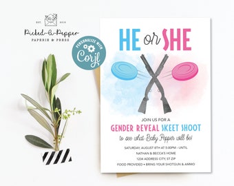 Skeet Shoot invitation, Gender Reveal, Gender skeet, Blue or Pink Invitation, Skeet shoot invitation, He or she, boy or girl, skeet shower