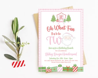 Oh what fun it is to be two, santa birthday invitation, santa claus birthday, santa clause birthday party, pink santa, TBBC Christmas party