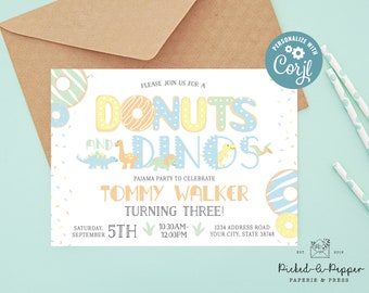 Customized Dinosaur Party Invitation, Dino Invitation, Dinosaur Birthday Party Invitation, Dino and Donut Birthday, Donuts and Dinos