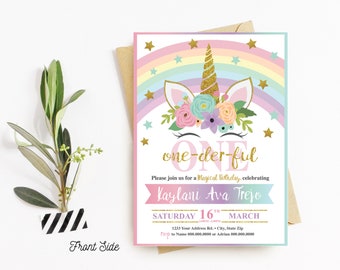 Onederful birthday, girls first birthday, unicorn first birthday, rainbow, one, flowers and unicorn, unicorn birthday, gold, pink, magical