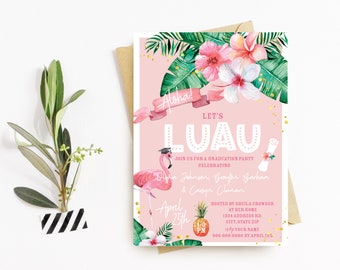 Graduierung Luau-Party-Einladung, tropische Abschlussfeier einladen, Mädchen Palm Luau, Flamingo-Party, tropische Abschlusseinladung, Hawaii