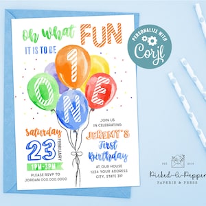 Oh What Fun! Editable Balloon Birthday Invitation for Boys, Balloon invitation, customize first birthday, babies balloon, boy 1st birthday