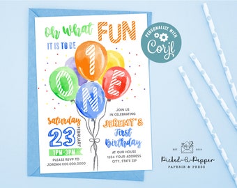 Oh What Fun! Editable Balloon Birthday Invitation for Boys, Balloon invitation, customize first birthday, babies balloon, boy 1st birthday